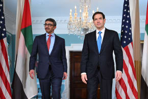 US Secretary of State Marco Rubio (R) walks alongside United Arab Emirates Deputy Prime Minister and Foreign Minister Abdullah bin Zayed Al Nahyan as they meet at the State Department in Washington, DC, on June 10, 2025.