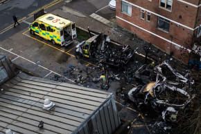 An aerial view as fire services continue to monitor the scene after four Hatzola ambulances were set on fire overnight next to Machzike Hadath Synagogue, on March 23, 2026 in the Golders Green area of London, England.