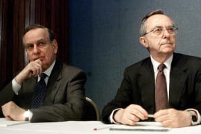 Former Israeli Foreign Minister Moshe Arens (R) and former Ambassador to the United States Zalman Shoval listen to a question as they attend an event at the National Press Club in Washington, February 15, 2001.
