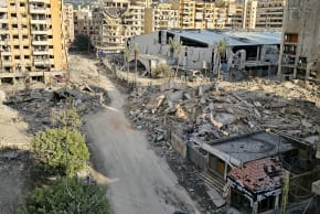 (ILLUSTRATIVE) An overview of the destruction following overnight Israeli airstrikes that targeted Beirut's southern suburbs Haret Hreik neighborhood on March 24, 2026.