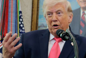 US President Donald Trump speaks as he attends Markwayne Mullin's swearing-in as Department of Homeland Security (DHS) Secretary, at the White House in Washington, DC, US, March 24, 2026. 