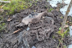 A part of a Ukrainian unmanned aerial vehicle, which according to the Latvian National Armed Forces, flew into Latvian airspace and crashed in Kraslavas region, Latvia, in this handout image obtained by Reuters on March 25, 2026.