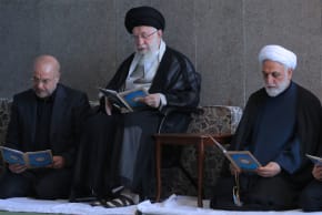 IRAN’S NEW cast: Former Iranian supreme leader Ayatollah Ali Khamenei sits between parliament speaker Mohammad Bagher Ghalibaf (left) and judiciary chief Gholamhossein Mohseni-Ejei during a mourning ceremony in Tehran. If diplomacy resumes, Ghalibaf could play a prominent role.