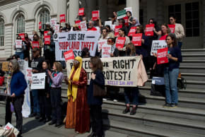 Protesters of the "buffer zone" legislation gather outside New York City Hall on March 26, 2026.