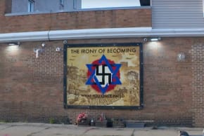 A controversial pro-Palestinian mural in Milwaukee, Wisconsin, depicting a Jewish star turning into a swastika, put up by a Palestinian business owner on Sept. 14, 2024.