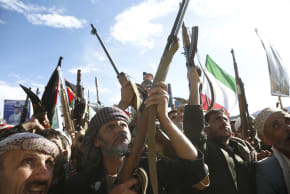 Yemen's Houthi loyalists chant slogans as they participate in a protest staged to show support to Iran against the U.S.-Israel war on March 27, 2026 in Sana'a, Yemen.