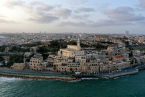 This picture taken on April 21, 2021 shows an aerial view of the old city of Israel's Mediterranean coastal city of Jaffa, where French Emperor Napoleon Bonaparte and his soldiers launched an attack between March 3-7, 1799 against the Ottoman-controlled city before capturing it.