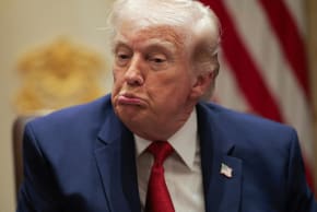 U.S. President Donald Trump reacts during a Cabinet meeting in the Cabinet Room of the White House on March 26, 2026 in Washington, DC. 