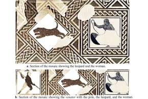 (a) Section of the mosaic showing the leopard and the woman. (b) Section of the mosaic showing the venator with the pole, the leopard, and the woman.