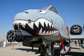 An A-10 Thunderbolt II is displayed at Al-Maktoum International Airport during the Dubai Airshow 2025 in Dubai on November 20, 2025.