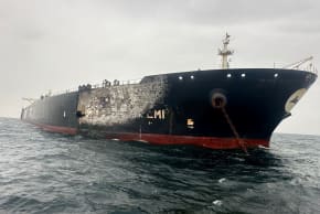 Damage to the Kuwait-flagged Al-Salmi crude oil tanker, following a reported Iranian strike, March 31, 2026; illustrative.