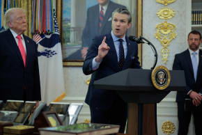US Secretary of Defense Pete Hegseth talks about the war in Iran as President Donald Trump hosts the swearing-in ceremony for US Secretary of the Department of Homeland Security Markwayne Mullin (R) in the Oval Office at the White House on March 2. 