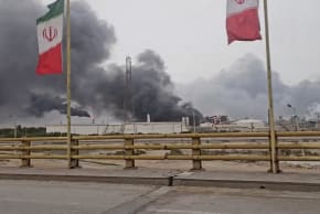 Smoke rises after strikes on the Mahshahr Petrochemical Zone in Bandar Mahshahr County, Khuzestan Province, Iran, in this handout picture released April 4, 2026, and obtained from a social media video.