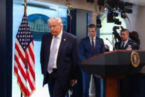 US President Donald Trump, Secretary of Defense Pete Hegseth and Chairman of the Joint Chiefs of Staff Gen. Dan Caine leave following a press conference in the James S. Brady Press Briefing Room at the White House, April 6, 2026.