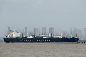 Jag Vasant, an Indian-flagged tanker carrying liquefied petroleum gas (LPG) that transited through the Strait of Hormuz amid the Middle East war, remains docked at an offloading terminal along the coast in Mumbai on April 1, 2026.