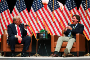 Then-Republican presidential nominee Donald Trump talks with Tucker Carlson, October 31, 2024; illustrative.