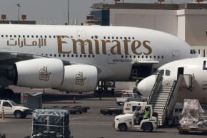 An Emirates aircraft is seen through the window of a Middle East Airlines airplane at Cairo International Airport, March 31, 2026; illustrative.