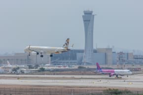 Airplanes fly out from Ben Gurion International airport. April 7, 2025.