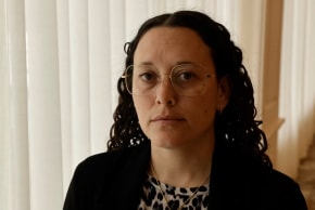 Temple Israel Rabbi Jen Lader talks to a reporter at Shenandoah Country Club in West Bloomfield, Michigan, on March 13, 2026.