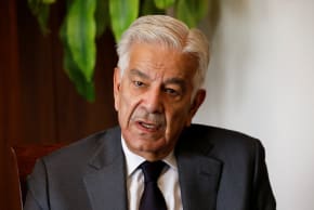 Pakistan's Defence Minister Khawaja Muhammad Asif speaks during an interview with Reuters in Islamabad, Pakistan, October 20, 2025.