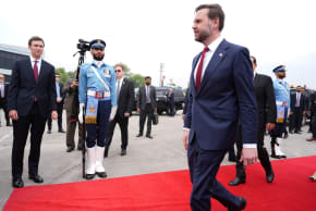 U.S. Vice President JD Vance walks as Jared Kushner looks on, after arriving for talks with Iranian officials in Islamabad, Pakistan, Saturday, April 11, 2026.