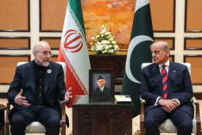 Pakistan's Prime Minister Shehbaz Sharif meets with Iranian Parliament Speaker Mohammad Bagher Ghalibaf, as delegations from the United States and Iran are expected to hold peace talks, in Islamabad, Pakistan, April 11, 2026.