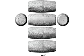 Escaneo 3D de un cilindro hallado en la antigua ciudad de Kish, Irak, que presenta inscripciones que se cree que pertenecieron a Nabucodonosor II, 11 de abril de 2026. 