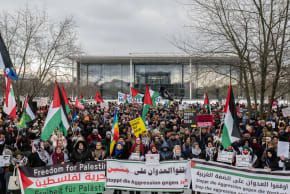 Pro-Palestine demonstrators attend a rally against Israeli aggression called by Amnesty International and others near the Bundestag on February 15, 2025 in Berlin, Germany.