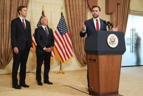 US Vice President JD Vance speaks during a news conference after meeting with representatives from Pakistan and Iran as Jared Kushner and Steve Witkoff, Special Envoy for Peace Missions, listen, on Sunday, April 12, 2026, in Islamabad, Pakistan.