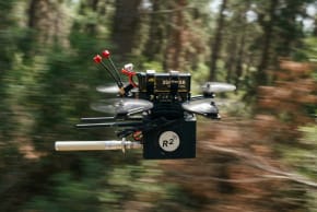 A drone flying with R2 Wireless to see the invisible battlespace