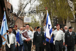IDF officers take part in the annual international March of the Living through the grounds of the former Auschwitz death camp, in Oswiecim, Poland, April 14, 2026