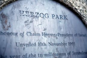 A PLAQUE on a stone reads 'Herzog Park' commemorating Chaim Herzog, Israel's sixth president, who was born in Belfast, as Dublin City Council has prepared a motion to rename 'Herzog Park' to 'Hind Rajab Park' after Hind Rajab from Gaza, in Dublin, Ireland, November 30, 2025.
