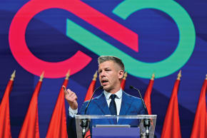 PETER MAGYAR, leader of the opposition Tisza Party, speaks during a press conference a day after the parliamentary election, in which Hungarian Prime Minister Viktor Orban conceded defeat on Monday. (photo credit: Marton Monus/Reuters)