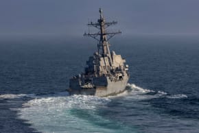 Arleigh Burke-class guided-missile destroyer USS Frank E. Petersen Jr. sails in the Arabian Sea for a mission supporting Operation Epic Fury during the Iran war at an undisclosed location, March 18, 2026.