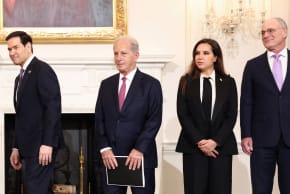 US Secretary of State Marco Rubio, US Ambassador to Lebanon Michel Issa, Lebanon Ambassador to the U.S. Nada Hamadeh Moawad and Israel Ambassador to the U.S. Yechiel Leiter walk to their meeting at the State Department in Washington, DC, U.S., April 14, 2026.