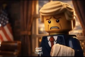 A screenshot from an AI-generated Iranian video mocking US President Donald Trump, represented as a LEGO minifigure.