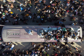 A drone view shows people gathering at Nasser hospital as they welcome freed Palestinian prisoners released by Israel as part of a hostages-prisoners swap and a ceasefire deal between Hamas and Israel, in Khan Younis in the southern Gaza Strip, October 13, 2025.