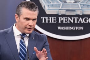 US Secretary of Defense Pete Hegseth speaks during a press briefing at the Pentagon in Washington, DC, on April 16, 2026.