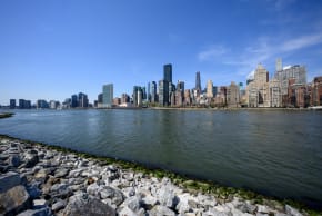 A view of the Manhattan skyline as seen from Roosevelt Island with United Nations building in the forefront on April 14, 2026 in New York City.
