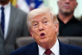 US President Donald Trump speaks about research into mental health treatments in the Oval Office of the White House in Washington, D.C., April 18, 2026.