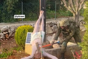 This X/Twitter screenshot shows an alleged incident where an IDF soldier is seen smashing a statue of Jesus in southern Lebanon on April 19, 2026.