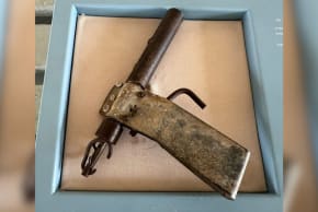 Makeshift pistol built by 16-year-old Uzi Aharoni in 1948, to be displayed at the HaEmek Museum in the Galilee, northern Israel, April 21, 2026.