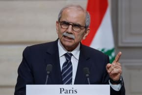Lebanon's Prime Minister Nawaf Salam speaks during a joint declaration press event with French President following their meeting at the Elysee Presidential Palace in Paris on April 21, 2026.