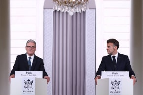 British Prime Minister Keir Starmer and French President Emmanuel Macron attend a press conference after the multinational virtual summit at the Elysee Presidential Palace in Paris, France, April 17, 2026.