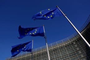 European Union flags flutter outside the European Commission headquarters in Brussels, Belgium Februrary 26, 2026.
