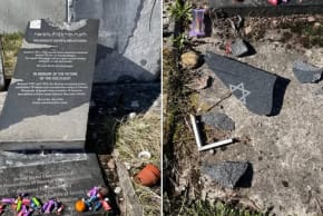 The damaged Holocaust memorial in Ereda, Ida-Viru County, Estonia, after being vandalized, April 2026.