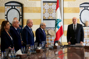 (From R) LEBANESE PRESIDENT Joseph Aoun, Prime Minister Nawaf Salam, and cabinet members attend a session on the army’s plan to disarm Hezbollah, at the Presidential Palace in Baabda, Sept. 5, 2025.