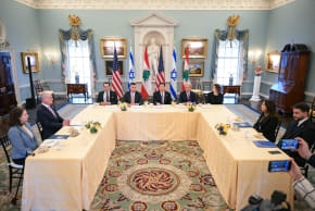 US Secretary of State Marco Rubio (C) speaks during a meeting with Lebanon's Ambassador to the US Nada Hamadeh Moawad (2R) and Israeli Ambassador to the US Yechiel Leiter (2L) at the State Department in Washington, DC, on April 14, 2026.