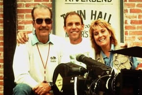 Israeli director Sam Firstenberg, center, with cinematographer Ken Lamkin, left, and an unidentified colleague on the set of "Riverbend," a 1989 action drama that has recently been restored.
