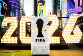 The New York/New Jersey's FIFA World Cup 2026 logo is revealed during the kickoff event in Times Square in New York City, US, May 18, 2023. 